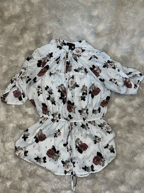 J for Justify White Floral Drawstring Tunic with Rose and Black Accents